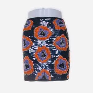H&M Navy Blue Orange Purple Sequin Embellished Floral Mini Party Holiday Skirt